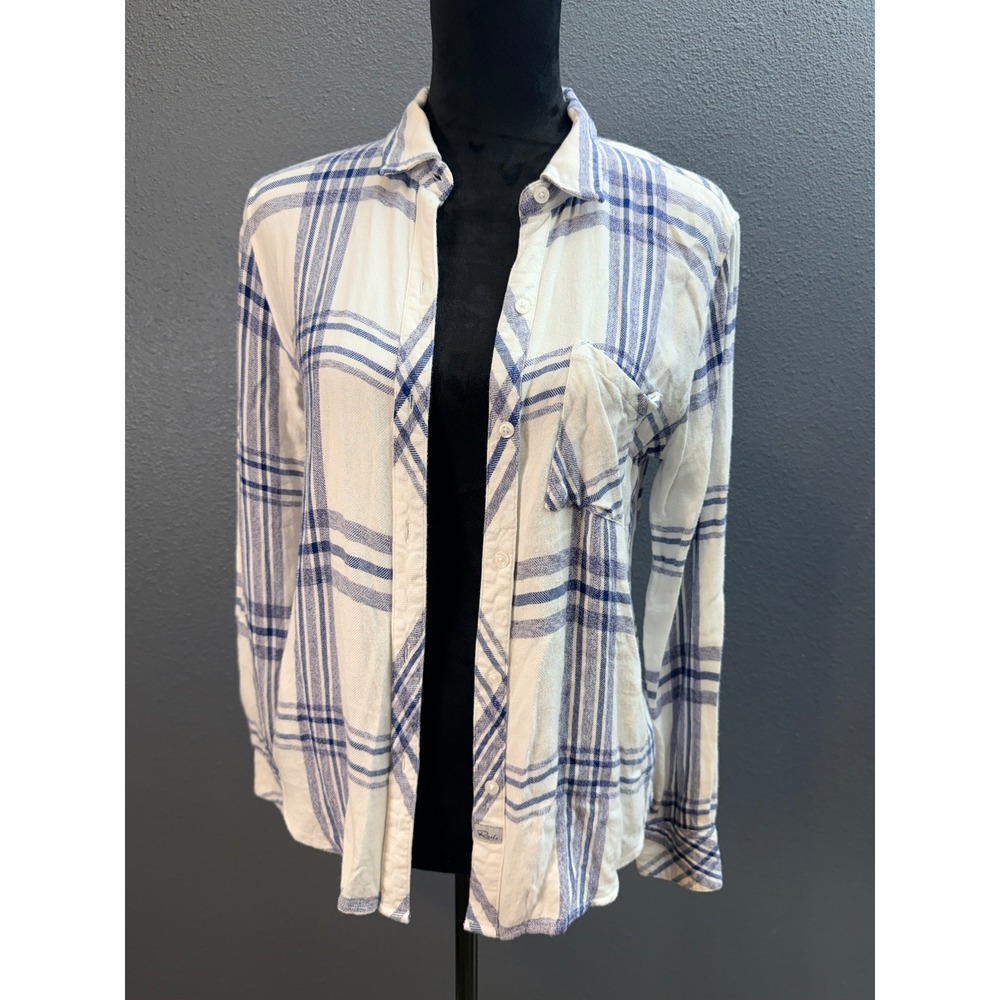 Rails Hunter Shirt Women Small Blue White Rayon Plaid Button Down Coastal Chic